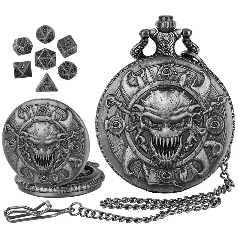 Bronze Skull Head Pocket Watch Case FOB Chain 7pcs Metal Polyhedral Dice Set Entertainment Accessory for Role Play Gaming