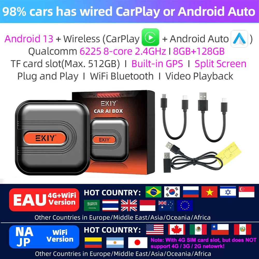 EKIY Android 13 SDM660 6225 CarPlay Ai Box LED 8-core