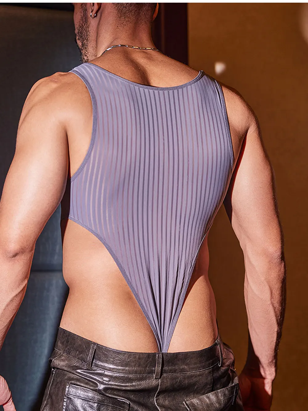 Men Striped Bodysuit Tops Buckle Crotch Open Allure Sheer Transparent Tights Shaper Night Sexy Thong