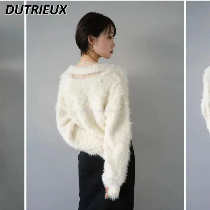 

Japanese Style Niche Plush Round Neck Single-Breasted Sweater Cardigan for Women Sweet Cute Girl Solid Color Short Knitted Coat