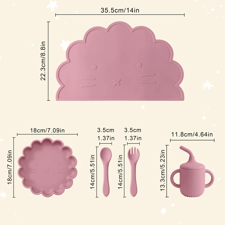 5PCS Silicone Baby Dinner Set Solid Color Utensils Waterproof Placemat Cartoon Lion Shape Suction Plate Portable Sippy Cup 6