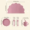 5PCS Silicone Baby Dinner Set Solid Color Utensils Waterproof Placemat Cartoon Lion Shape Suction Plate Portable Sippy Cup 6