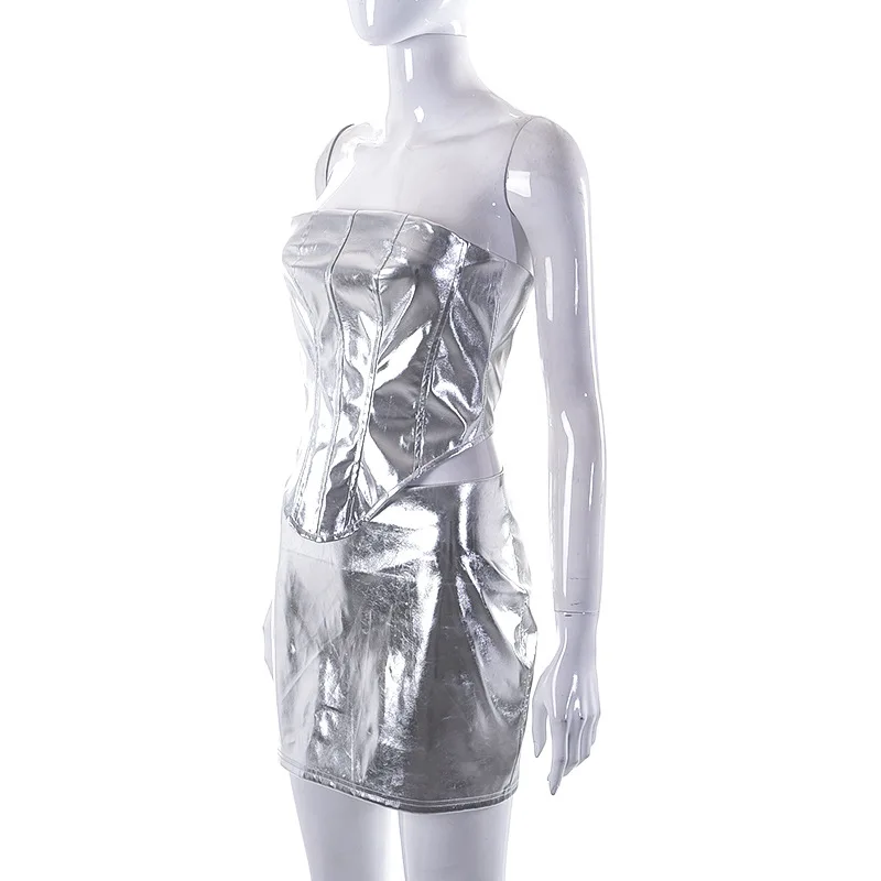 SKMY 2 Piece Sets Women Outfit 2023 Summer New PU Leather Chest Wrap Fishbone Crop Top Skirt Set Solid Color Sexy Party Clubwear