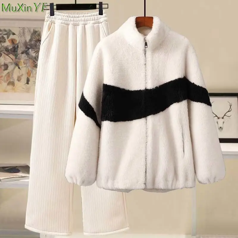 Women Autumn Winter Lamb Coats Corduroy Wide Leg Pants 1 or 2 Piece Set Lady Casual Loose Warm Jacket Trousers Suits New Outfits double layered lamb fleece blanket dotted baby warm blanket for chill season dropshipping