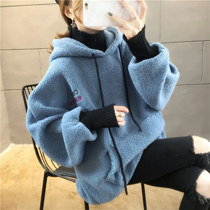 

Korean New Women Lamb Plush Hoodies Sweatershirts Female Fake Two Pieces Loose Fitting Plush Thickening Pullover Cardigan Coat