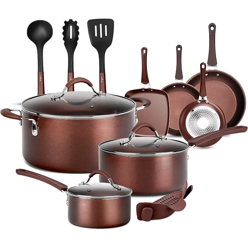 

NutriChef Nonstick Cooking Kitchen Cookware Pots and Pans, 14 Piece Set, AGold