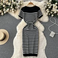 Summer Striped Beach Knitted Dress O Neck Short Sleeves Chic Hotsweet Slim Sundress Streetwear Y2K Bodycon Midi Dress - Image 4
