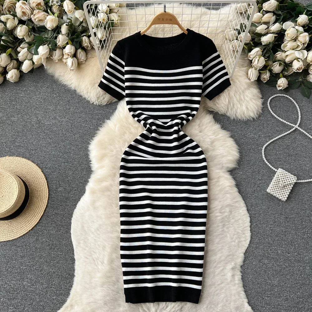 Summer Striped Beach Knitted Dress O Neck Short Sleeves Chic Hotsweet Slim Sundress Streetwear Y2K Bodycon Midi Dress 4