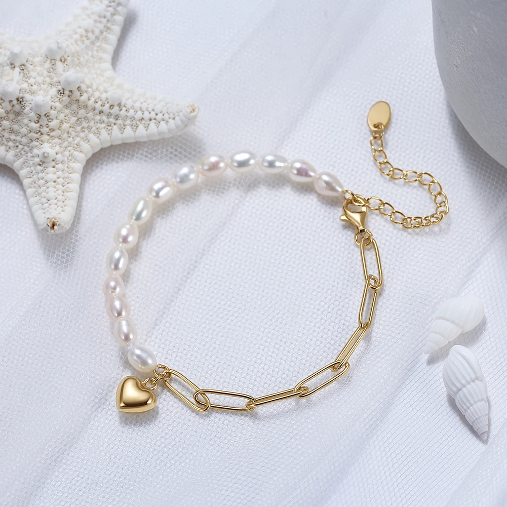 Handmade Silver Paperclip Link Pearl Chain Bracelet with Heart Pendant