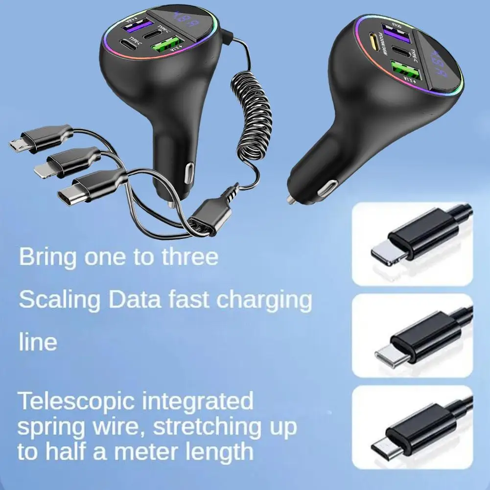 

2 Ports USB Fast Car Phone Charger 3.1A With Voltage Display Car Three In One USB Retractable Charging Cable