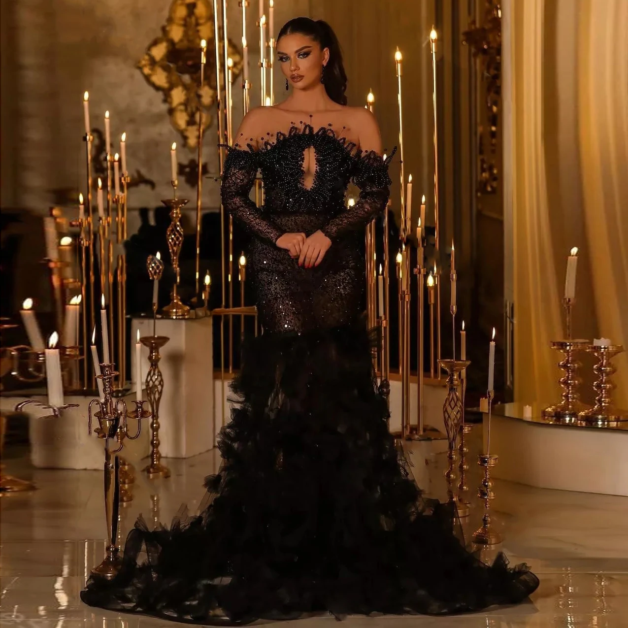 Sexy Black Mermaid Evening Dresses Off Shoulder Heavy Beading Prom Dress Unique Sequin Ruffles Party Gowns robes de soirée evening dresses for weddings