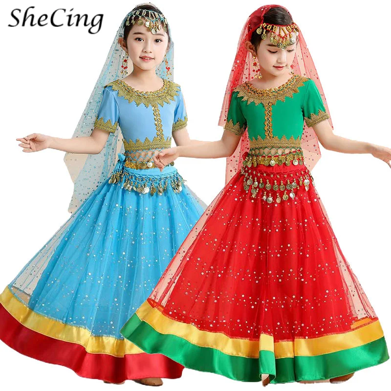 Traje De Danza Del Vientre Indio Para Niñas – Disfraz De Bollywood De 5 Piezas Con Lentejuelas, Ideal Para Carnaval Y Espectáculos Escolares