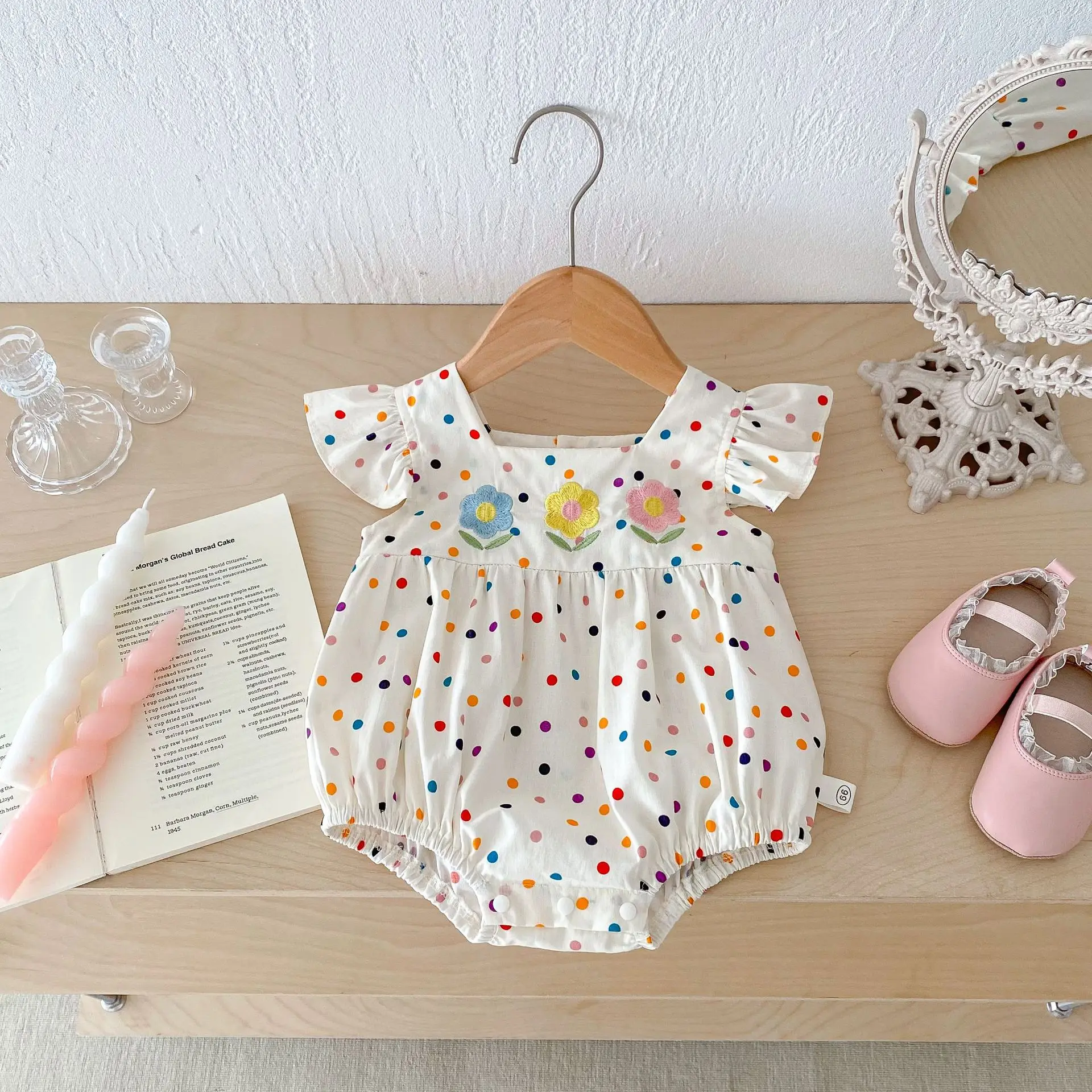 

Summer Baby Girl Polka Dot Bodysuit Cotton Newborn Fly Sleeve Romper Flower Embroidery Infant Onesie 0-2 Year Baby Girls Clothes