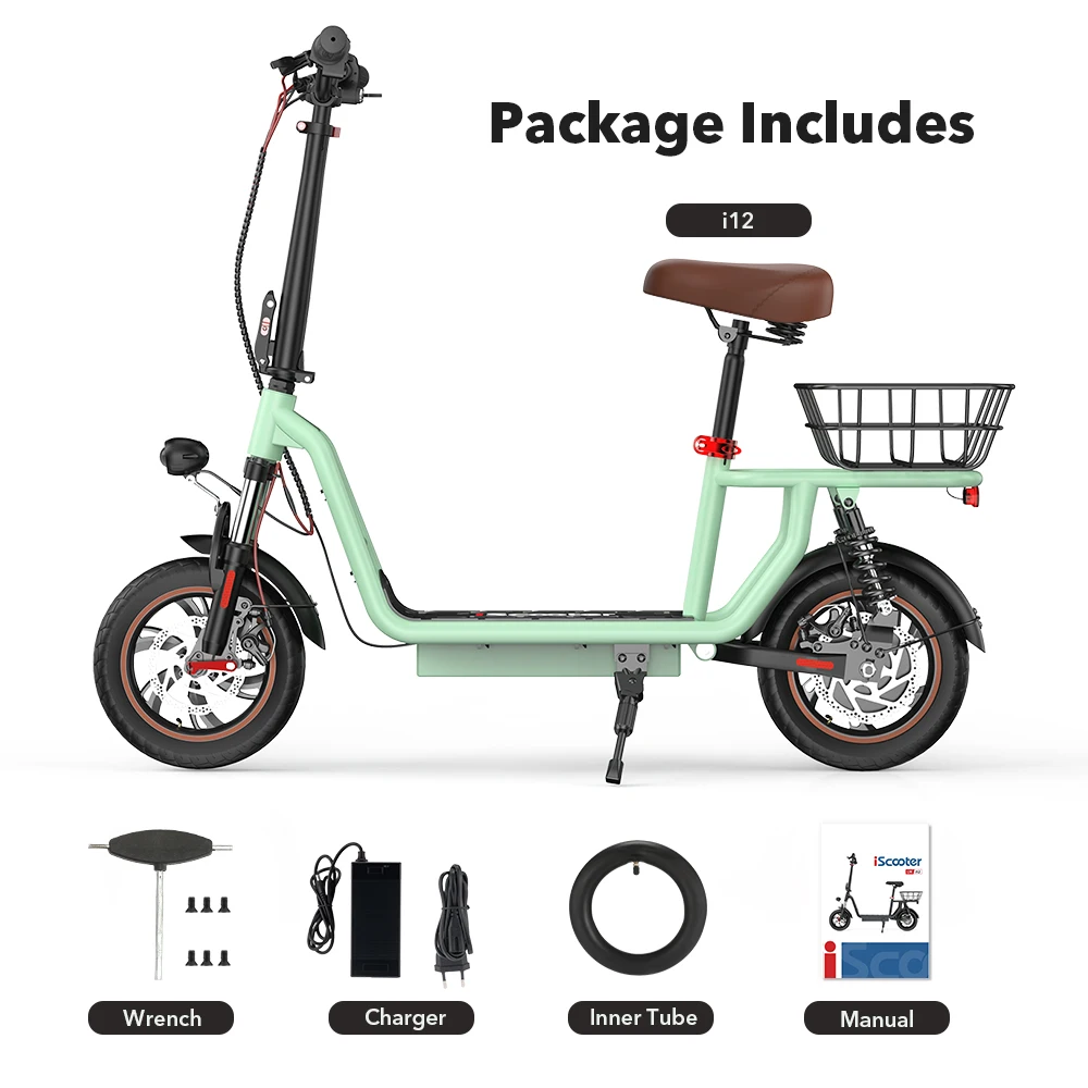 iScooter i12 Scooter elétrico com assento e cesto 12 polegadas 500W dobrável Kick eScooter 36V 7,5Ah alcance máximo 35km Scooter de mobilidade
