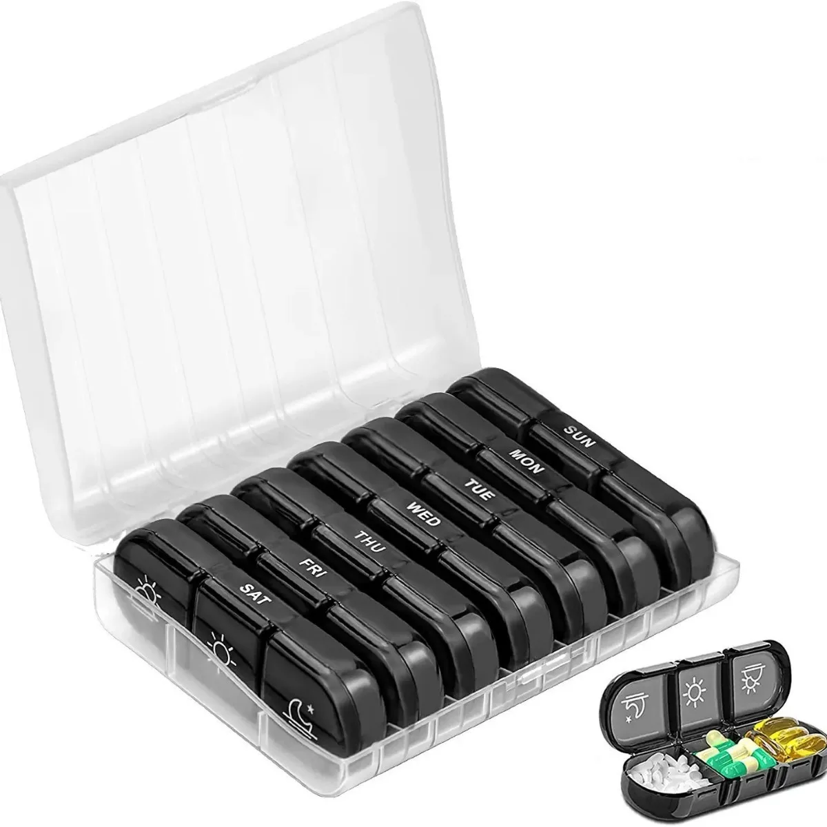 Weekly Pill Organizer with 21 Compartments - Portable Travel Medicine Dispenser for Morning, Noon, and Night Pills, Sea Blue