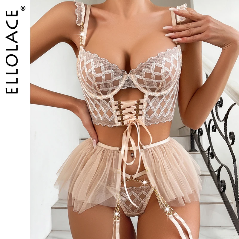 Ellolace Rhinestone Lingerie Corset Set Women 2 Piece Luxury Fancy Underwear Push Up Bra And Panty Set Fancy Glitter Intimate