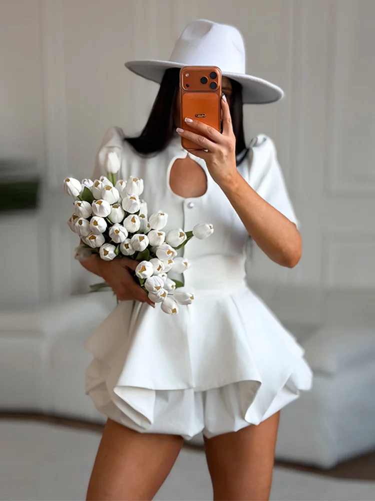 Ausgeschnittenes Puffärmel-Oberteil mit Taillenschnürung und Rüschensaum für Damen, Sexy Stehkragen, Einreihig, Schlankes Top, Schicke Damen-Partykleidung – Detail 33