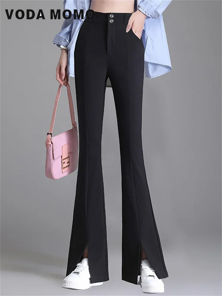 Lady Suit Pants Long Trousers Flare Bell Bottom Front Slit Black Stretchy  Formal