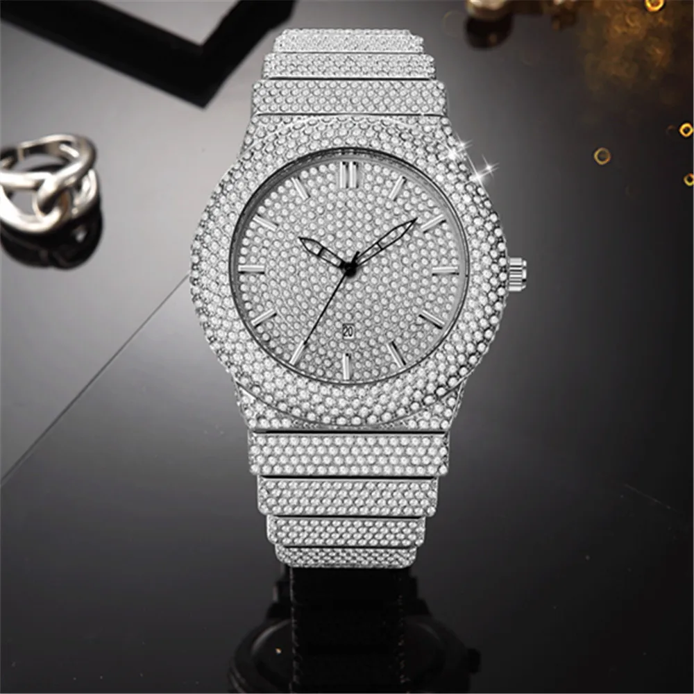 Wholesale 5pcs / lot Cool Original Brand Men Watches Silver Luxury Full Diamond Alloy Band Date Quartz Watch Montre Homme 2025