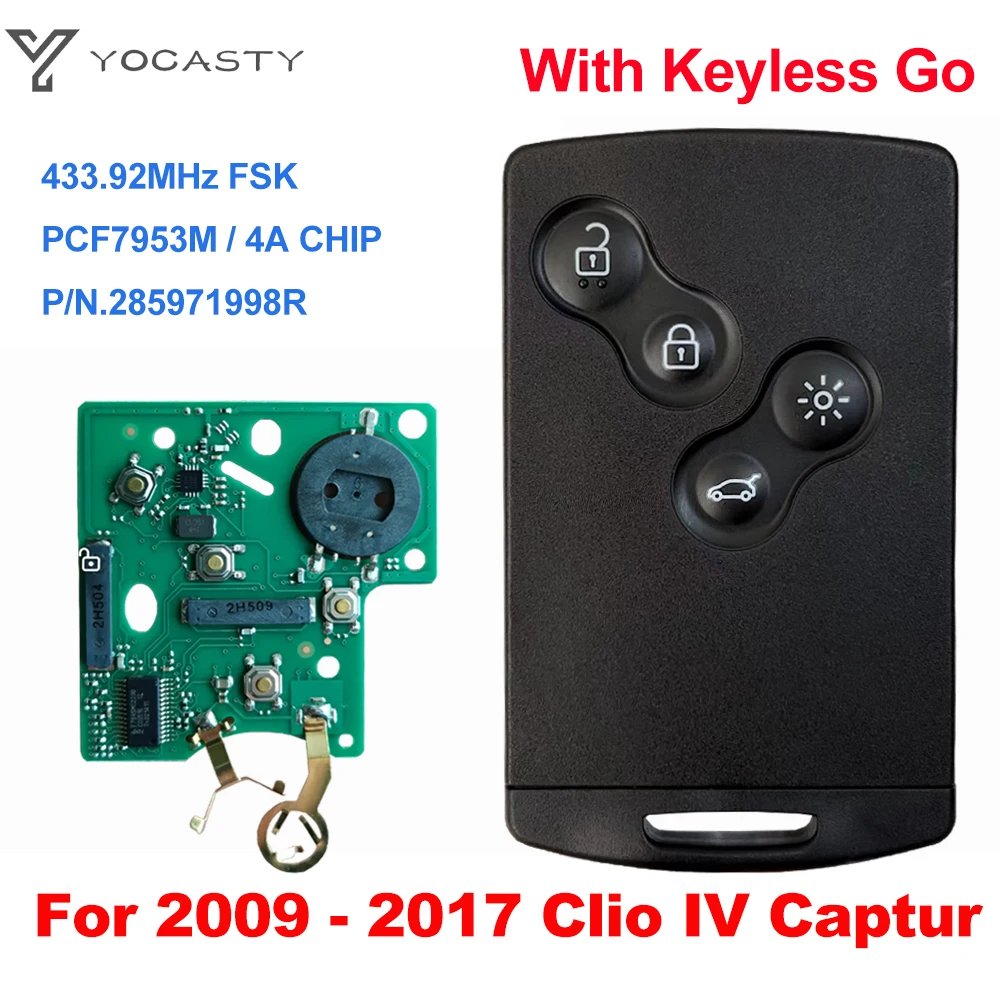 Keyless Smart Key 4A Chip 433 MHZ For 2009-2015 Renault Clio IV Captur YOCASTY 285971998R