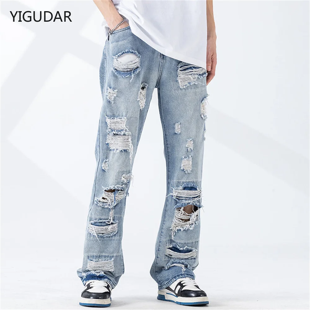 

Ripped Holes Jeans Men Summer Baggy Oversized S-3XL Mopping Denim Wide Leg Trousers Casual Retro Hip Hop Korean Fashion Bottoms