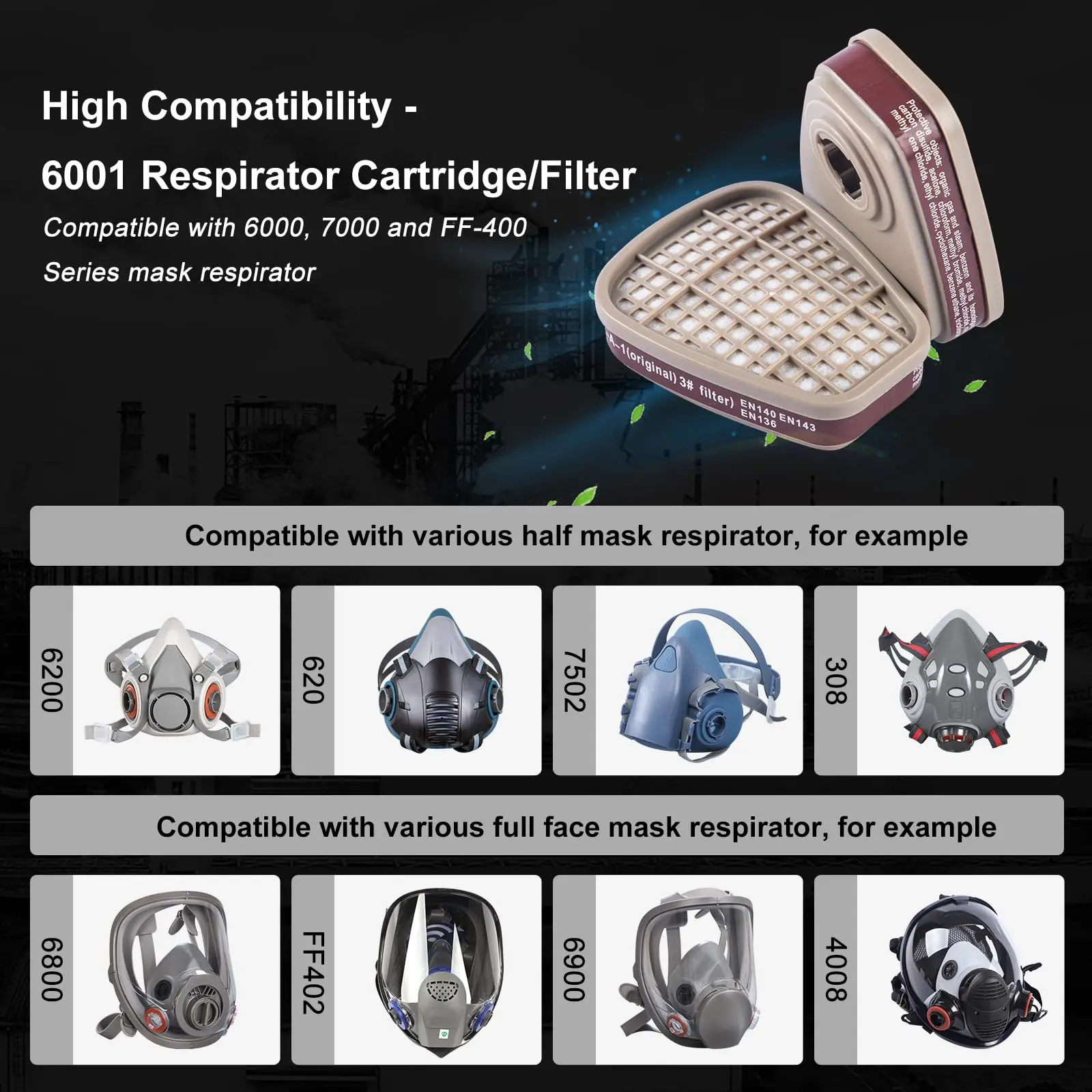 Cartouche Filtre 6001 pour Respirateur, paire verte, emballage d'origine avec étiquetage.