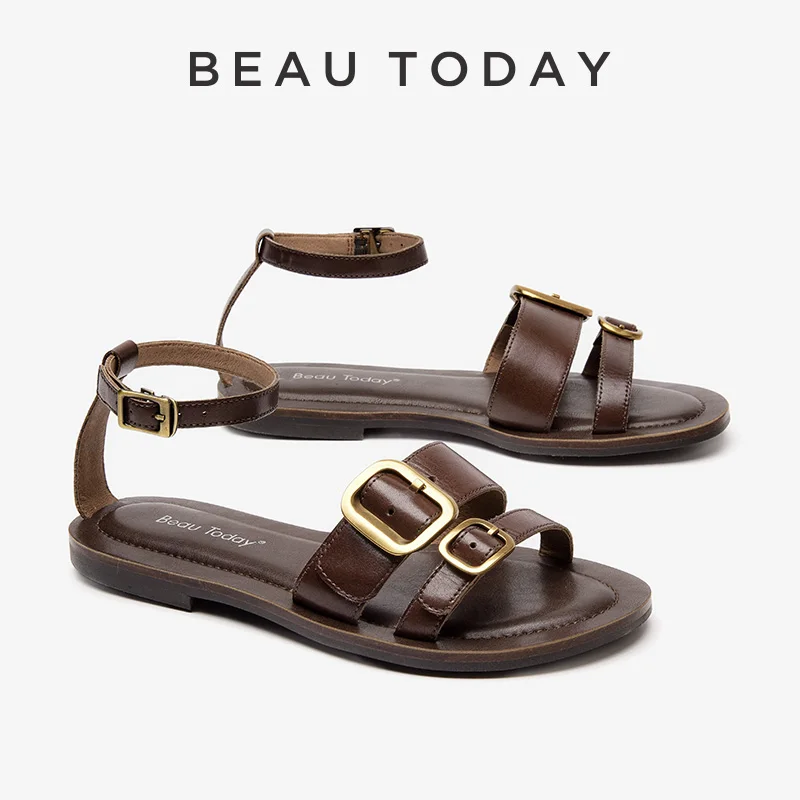 

BEAUTODAY Leisure Sandals Women Genuine Cow Leather Solid Metal Buckle Flat Heel Summer Beach Ladies Shoes Handmade 32328