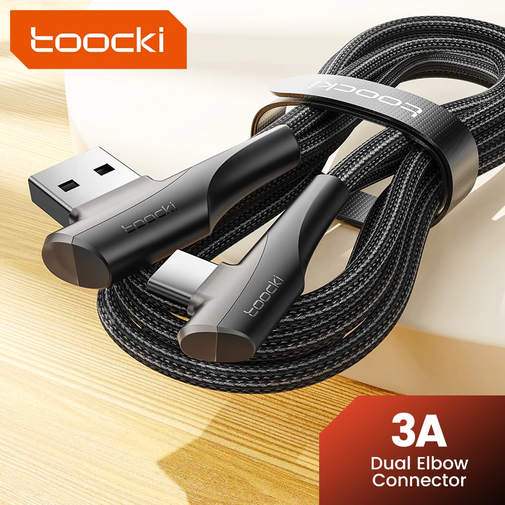 Toocki 3A USB To Type C Cable For Xiaomi Samsung Huawei C Type Fast Charging Double Bend Cord For Android Phone USB C Data Wire