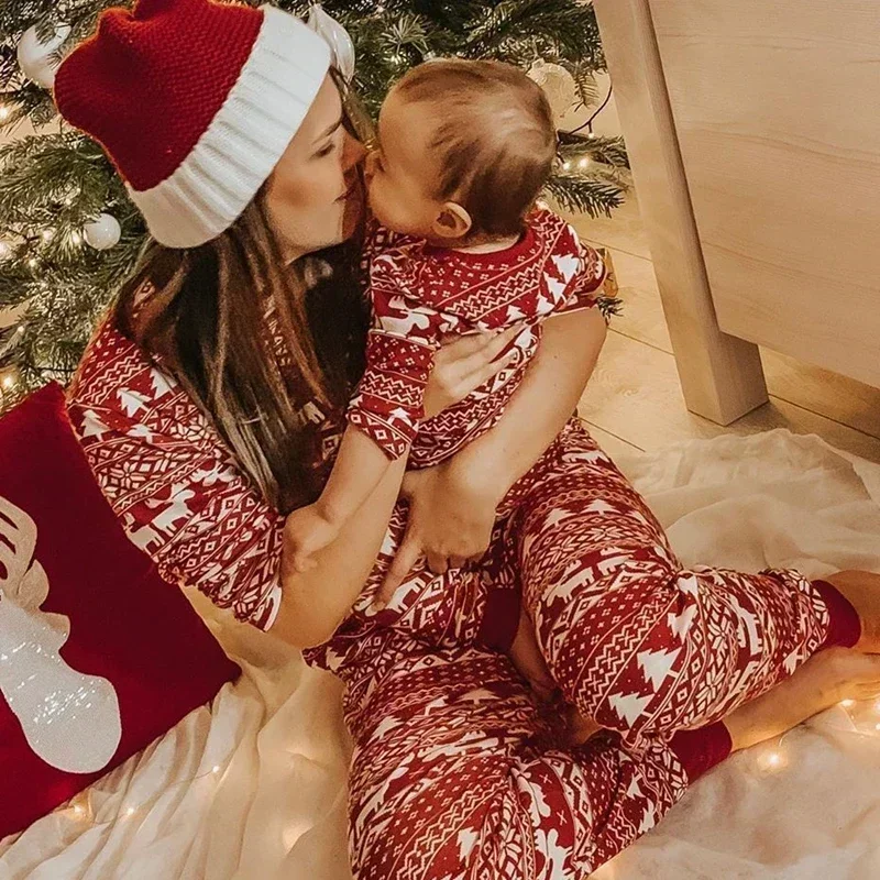 Family Christmas Pajamas Set Mother Father Kids Matching Outfits Xmas Family Look Cute All Over Print 2 Pcs Suit Sleepwear