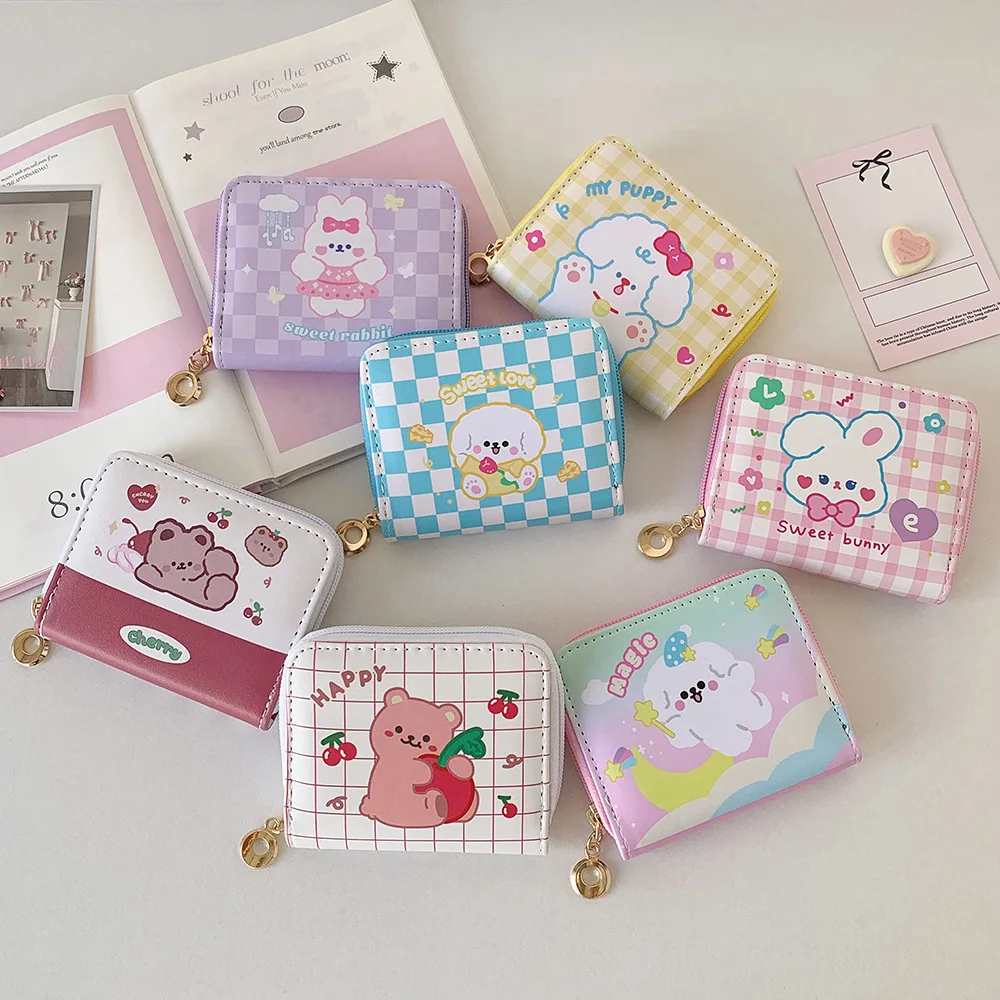 Mini Pu Leather Girls Wallet Cute Cartoon Zipper Card Holder Mini Clutch Wallet Key Chain Coin Purse Kids Gifts Clutch Purse