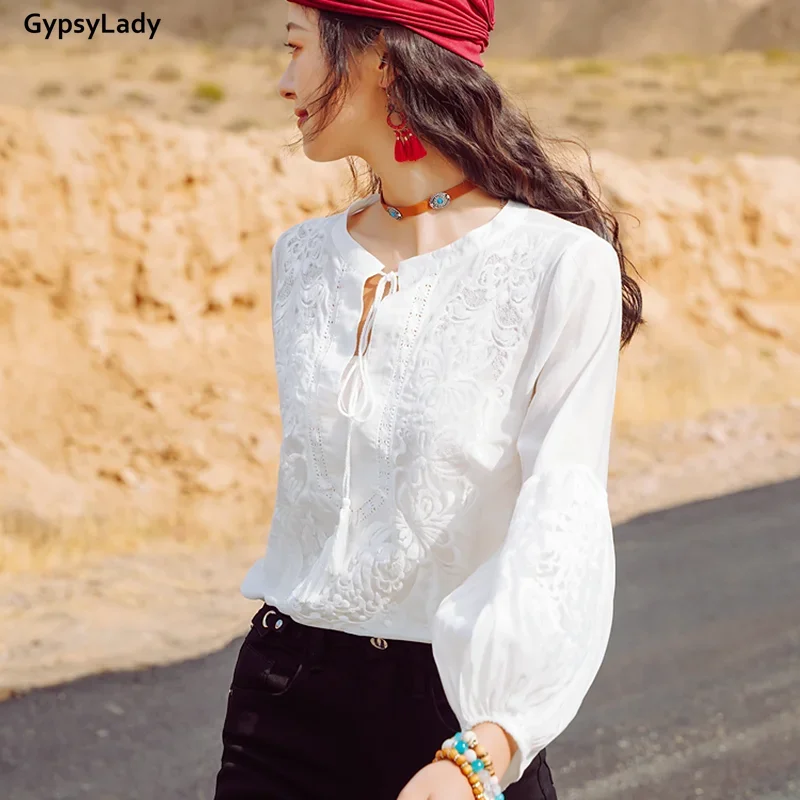 GypsyLady Silk White Embroidery Blouse Shirt 2 Piece Set Lace