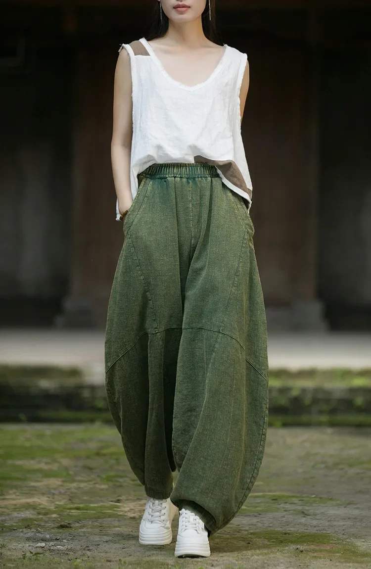 Chinese Style Curved Ramie Cotton Pants Vintage Loose Tai Chi Trousers