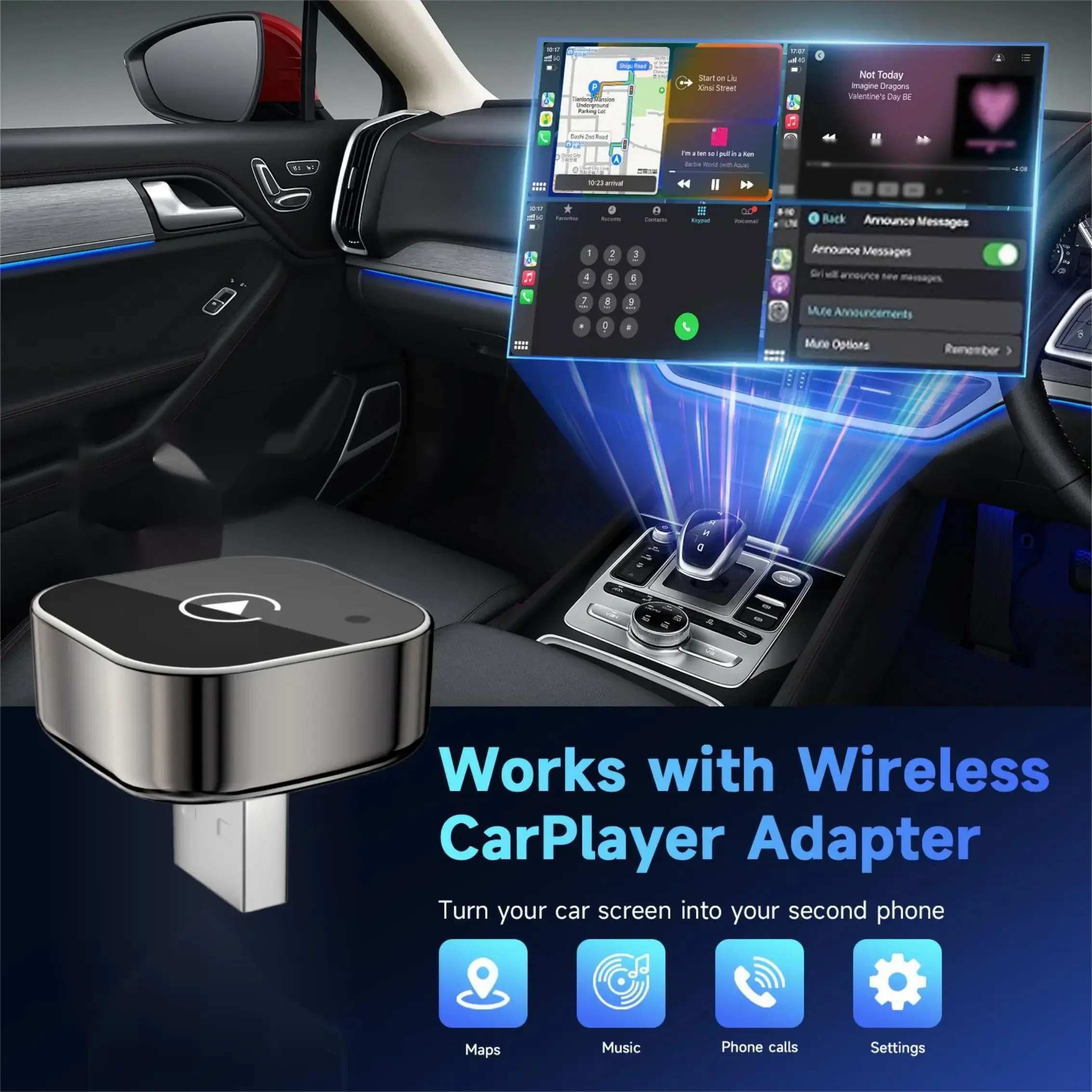 Adaptador CarPlay/Android Auto 2026, de Cable a Inalámbrico, para Apple y Android, Plug and Play, Accesorio Universal para Auto, Último Modelo 3