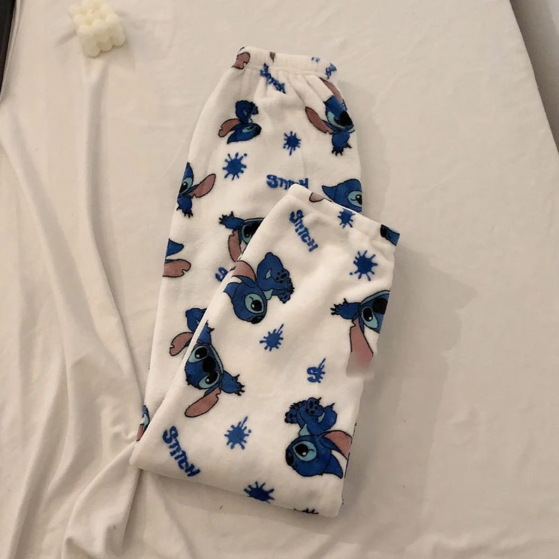 

Anime Stitch Cartoon Kawaii Coral Fleece Pajamas Winter Keep Warm Long Sleeves Printing Tracksuit Women's Pajama Pants Two Piece
