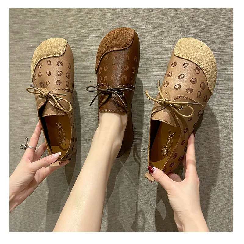 

New Comfortable Leather Handmade Shoes Flat-heeled Soft-soled Shoes Female Wind Tunnel Hollow Sandals Women Casual Flats Shoes