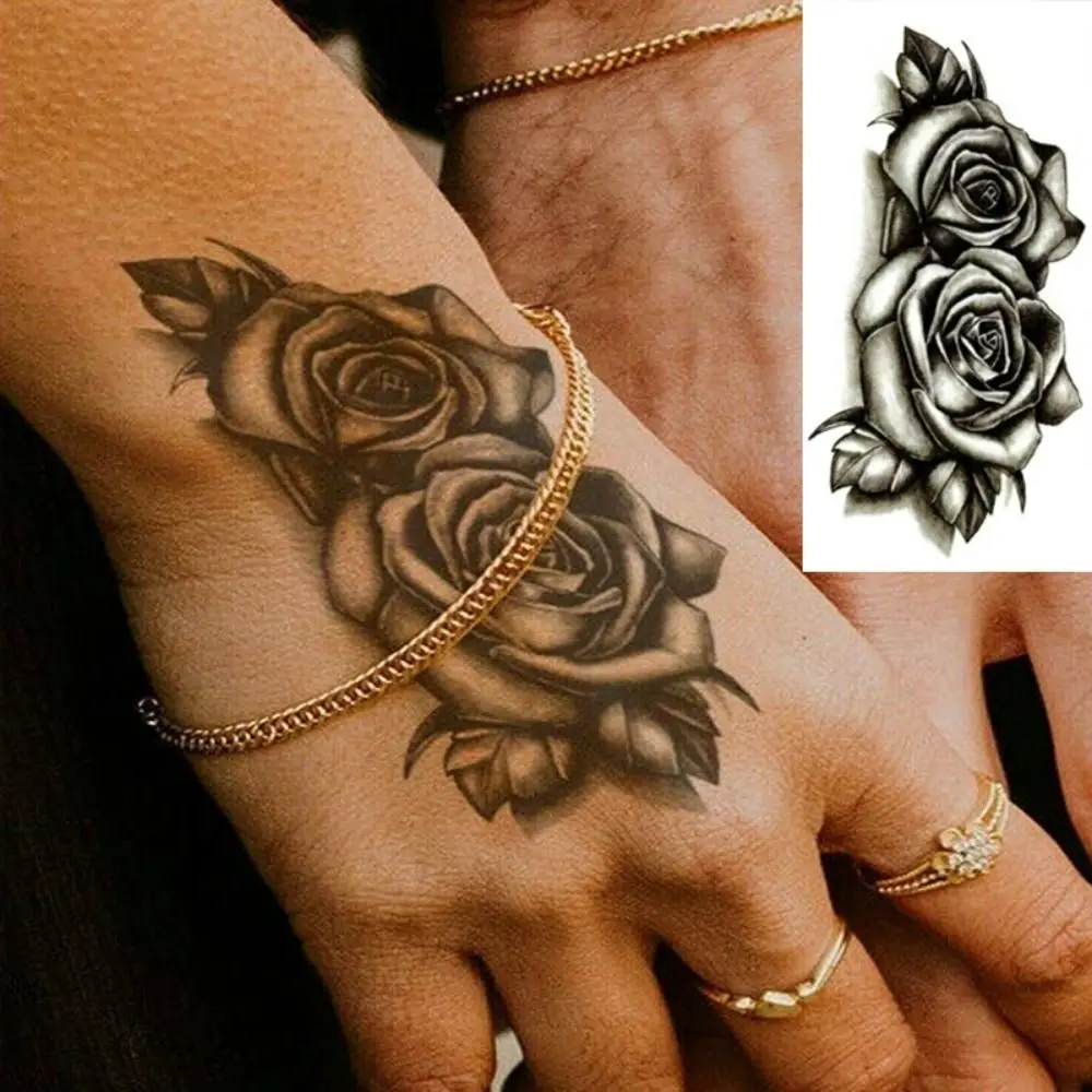 

9.5x5.5CM Double Rose Temporary Tattoo Black Water Transfer Waterproof Temporary Tattoo Anti Allergic Arm/Neck/Leg