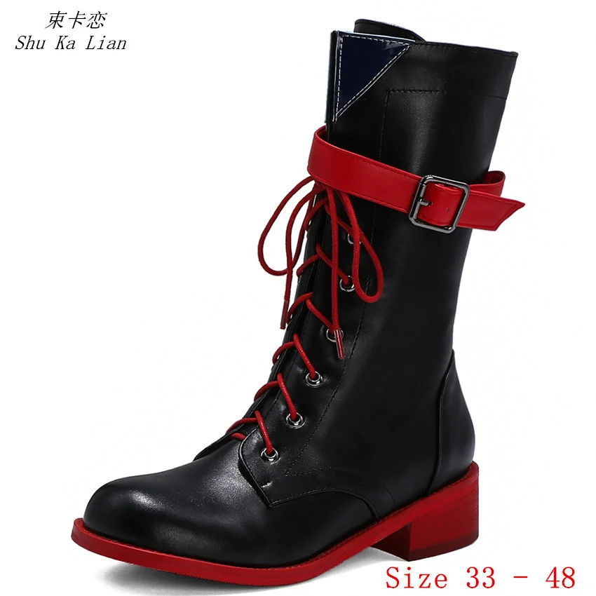 

Spring Autumn Women Mid Calf Boots 4 CM Low Med Heel Cospaly Shoes Woman Short Boots Ladies botas Small Plus Size 33 - 48