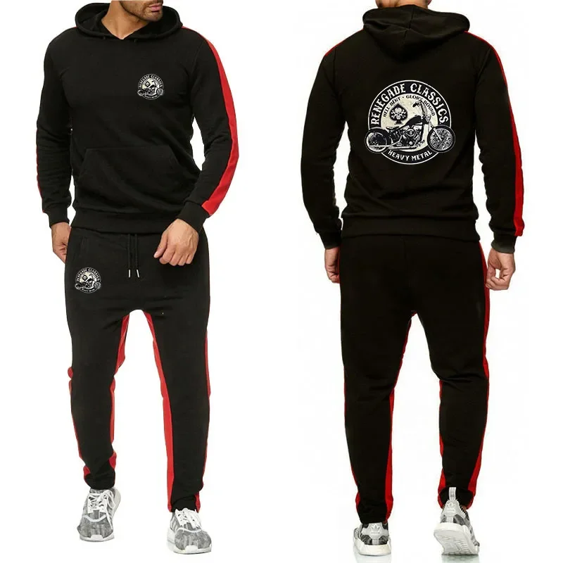 

Spring Autumn 2pcs/Set Mens Vintage Glory Bounds Motorcycle USA Print Sets Slim Hoodies Sweatpants Two-piece Pullover+Pants Suit