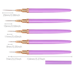 Professional Nail Art Liner Brush Set - 5 - Piece Kit for Precision Design and Manicure (PURPLE)