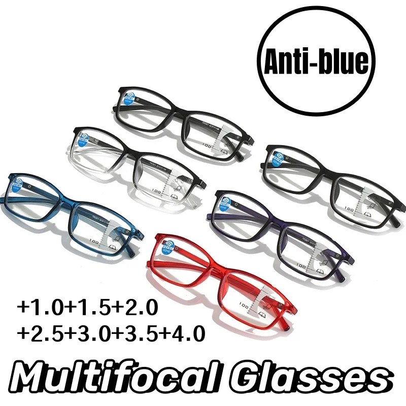 

HD Blue Light Blocking Multifocal Reading Glasses Ladies Fashion New Bifocal Eyewear Men Women Retro Square Presbyopia +1.0+4.0