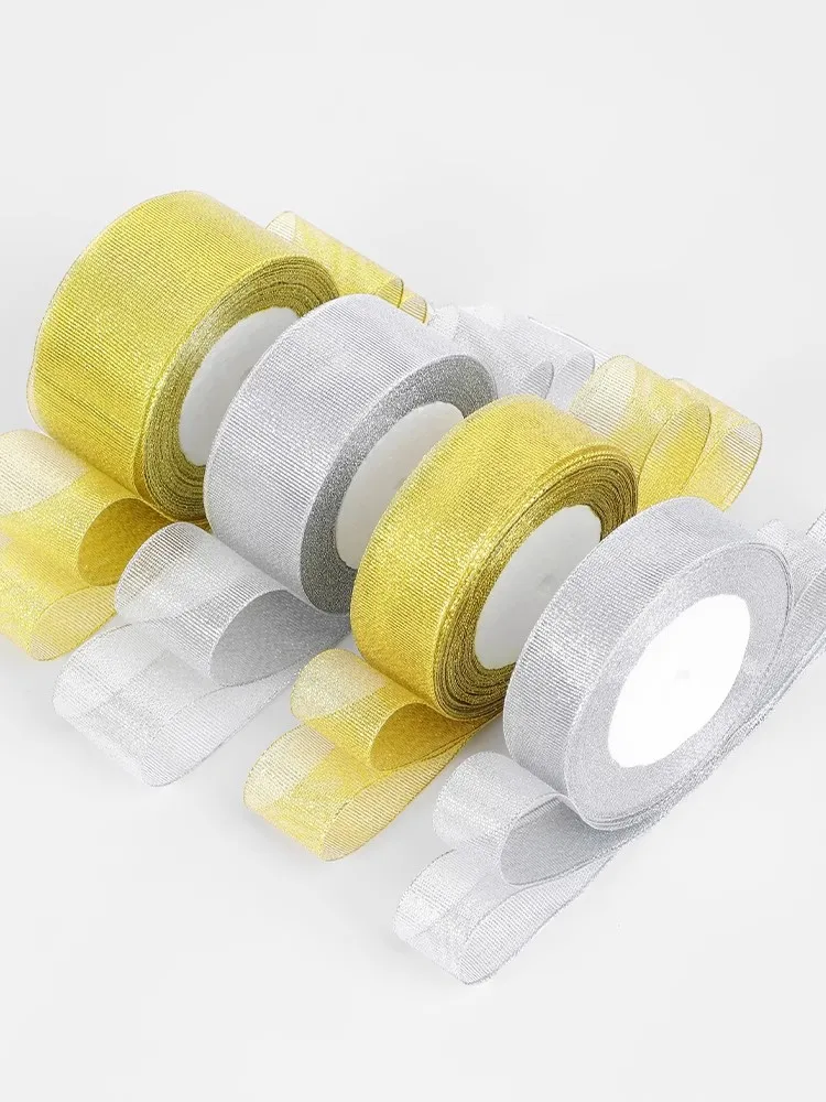 Gold & Silver Glitter Ribbon Set - 6 Sizes, 25 Yards for Gift Wrapping & DIY Crafts