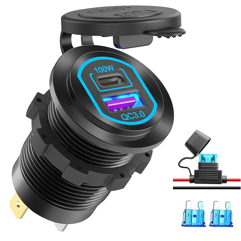 118W Aluminum 12V USB C Laptop Outlet PD 100W Port & QC3.0 18W Car Charger Socket Fast Charging for RV MarineTruck Boat Golf