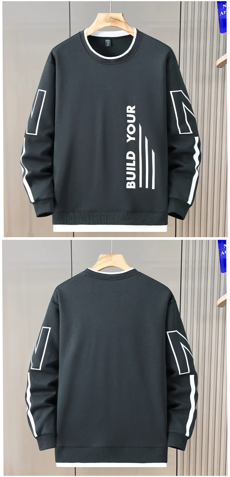12XL Plus Size Sweatshirts Men Spring Autumn Fake Two-piece Design Sweatshirt Fashion Casual O-neck Pullover Male Big Size 12XL