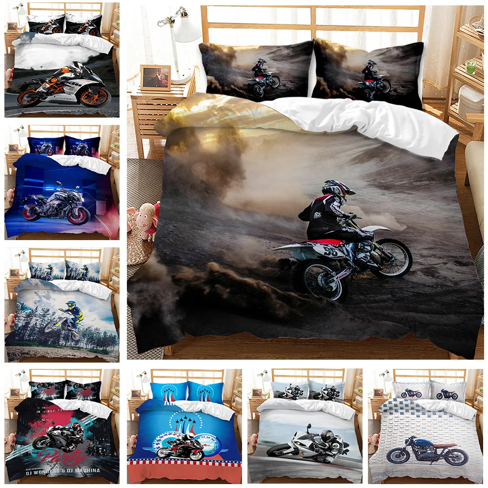 Motorbike Comforter Cover Set Queen Size,Boys Motocross Rider Duvet Cover,Teens Racing Motorcycle Dirt Bike Bedding Set Child