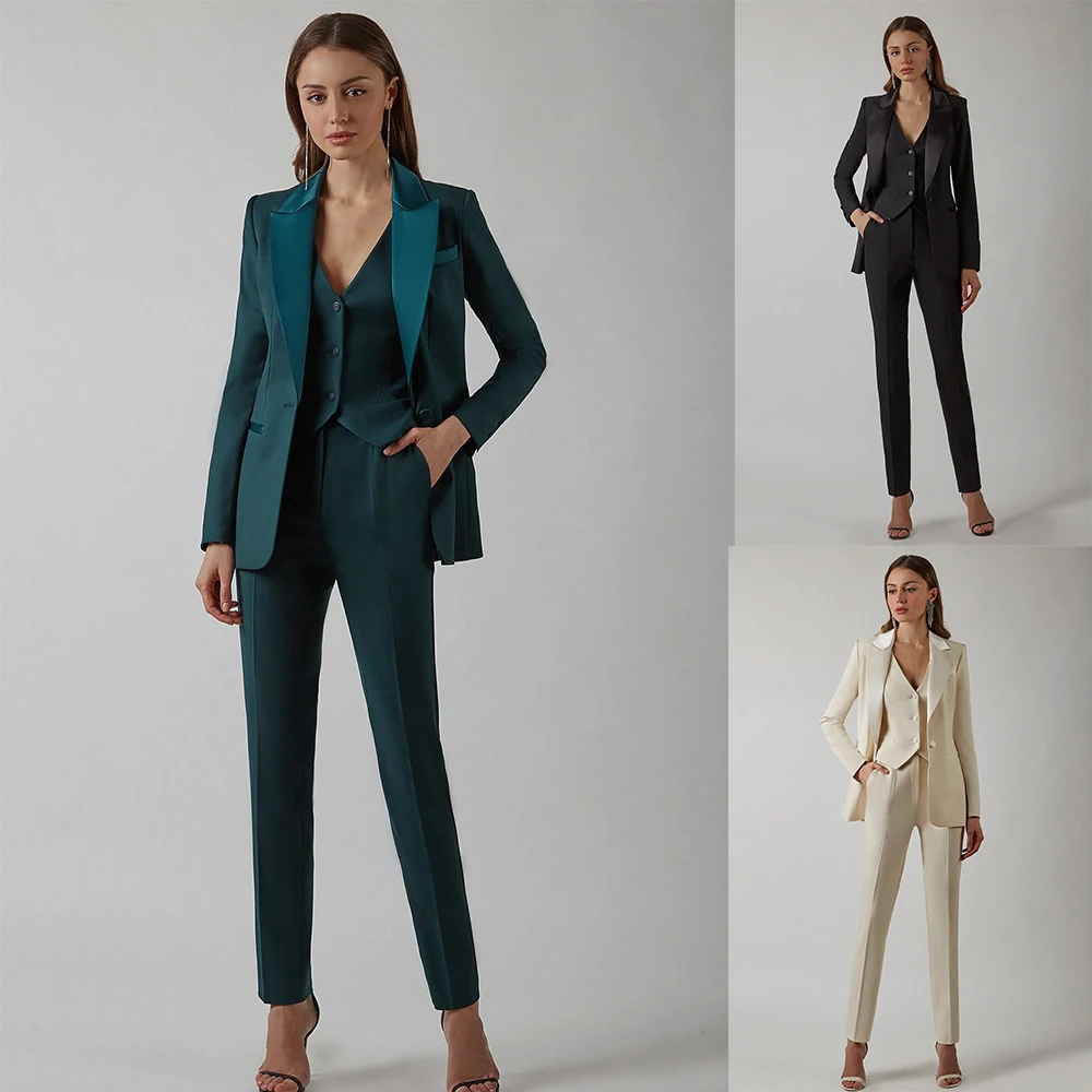 

Office Lady 3 Pcs Women Suits Pant Set Blazer+Vest+Trousers Satin Lapel Prom Dress Formal Business Party Gown Custom Made