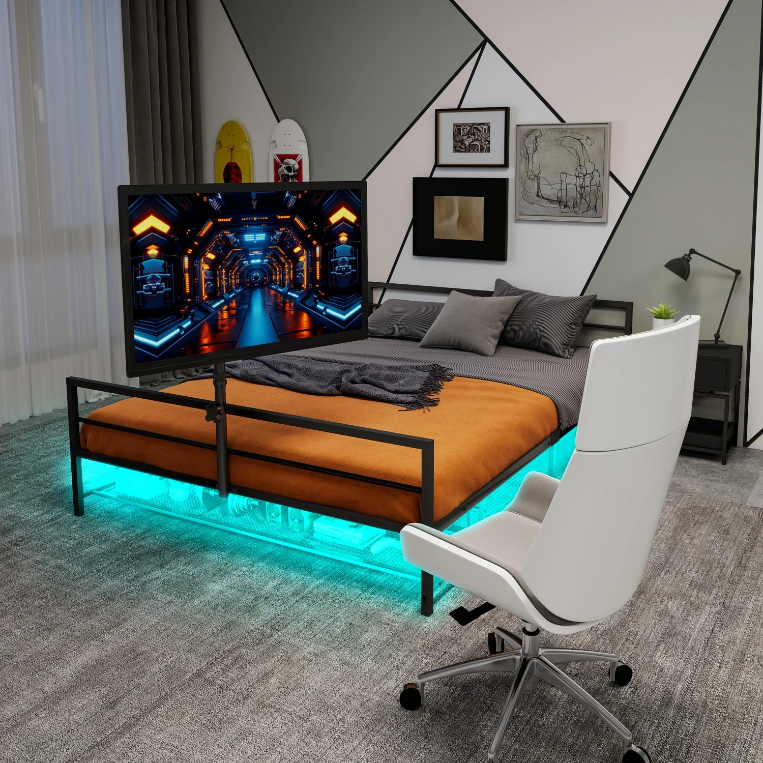 Polsterbett 90 x 200 cm, schwarzes Gaming-Bett mit LED-Beleuchtung und Aufbewahrungskorb unter dem Bett, verstellbare Halterung, Metallbettrahmen – Detail 4