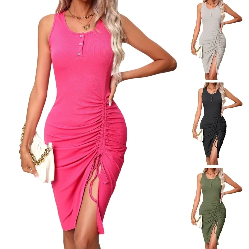 

Side Drawstring O Neck Cocktail Party Dress Womens Ribbed Sleeveless Dress