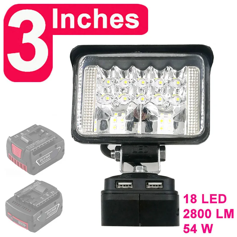 LED Working Light Lamp Flashlight Torch USB Mobile Phone Charger Adapter For Bosch 18V Li-ion Battery Power Bank Lithium Tool