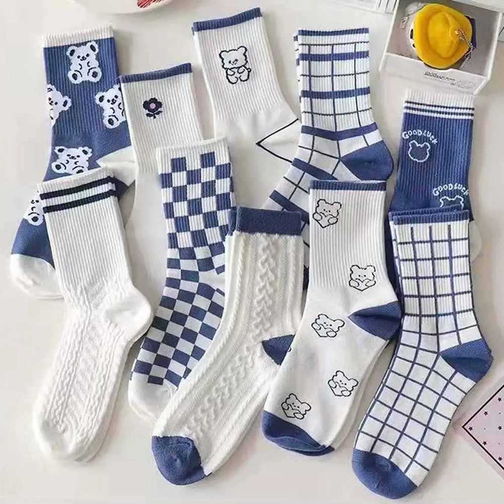 

Милые носки с принтом в японском стиле Харадзюку Мультяшные креативные полосатые клетчатые носки с медведем весенне-летние модные студенческие хлопковые носки