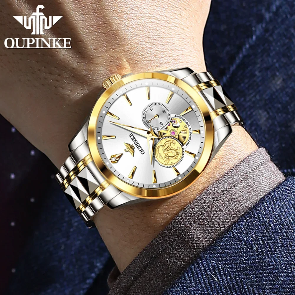 OUPINKE 3260 Real Diamond Mechanical Watch For Men Real Gold Hollow Dial Men's Watches Luxury Waterproof Automatic Wristwatch
